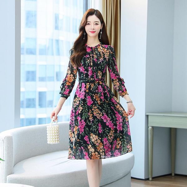 

casual dresses women's clothing plus size high-quality purple floral chiffon dress female autumn outfit long-sleeved, Black;gray