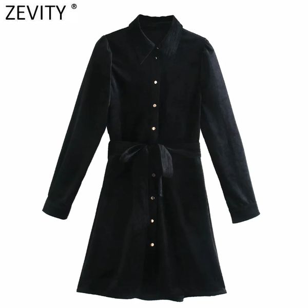 

zevity women vintage single breasted bow sashes velvet mini dress femme long sleeve casual business vestido shirt dresses ds4821 210419, Black;gray