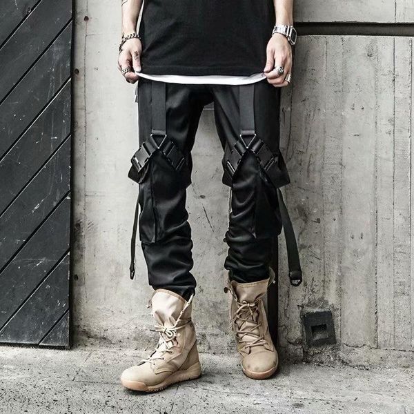 

men's pants shzq hip hop joggers men black harem multi-pocket locomotive boy sweatpants streetwear casual mens functional cargo p