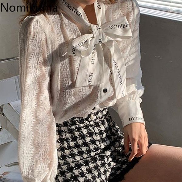 

nomikuma korean elegant lace shirt letters bow tie long sleeve women blouses spring autumn blusas mujer de moda 6f437 220315, White