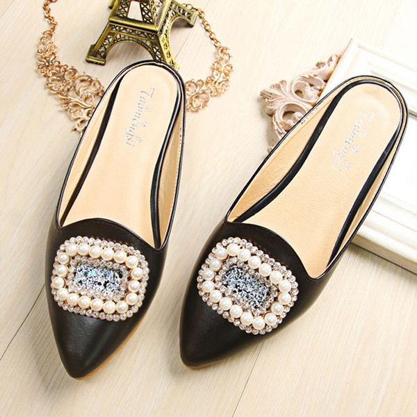 

slippers fashion pearl rhinestone flat bag toe women, Black