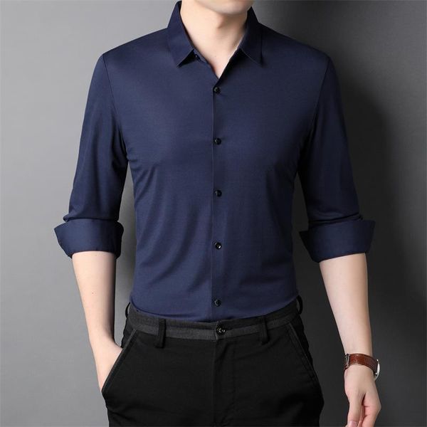 

men's casual shirts oimg stretch long sleeve shirt lapel collar business slim pure color seamless autumn mulberry silk ice, White;black