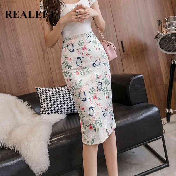 

spring summer birds printing elegant sheath wrap skirts high waist pencil midi zipper back split womens 210428, Black