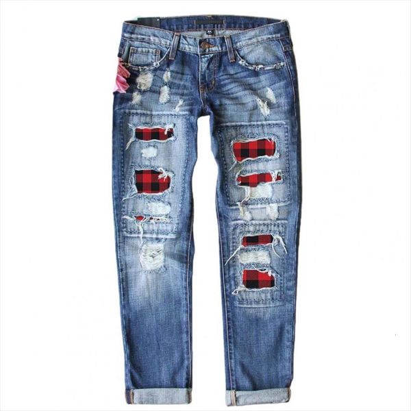 

fashion ripped hole plaid patch women jean patchwork long denim pants trousers, Blue