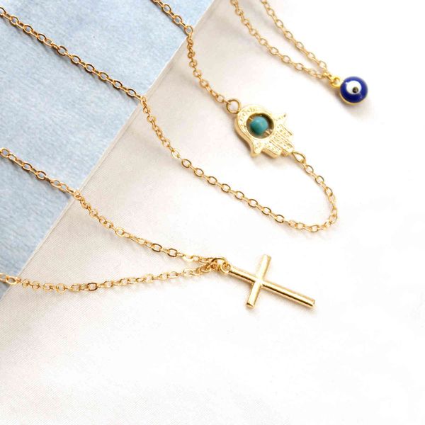 

personality creative clavicle chain hand of fatima necklace eye necklace multi layer women cross necklace, Golden;silver
