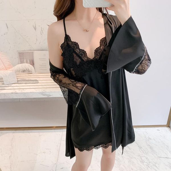 

women 2pcs robe set full slip lace kimono bathrobe gown nightgown perspective nightdress intmate lingerie homewear women's sleepwear, Black;red