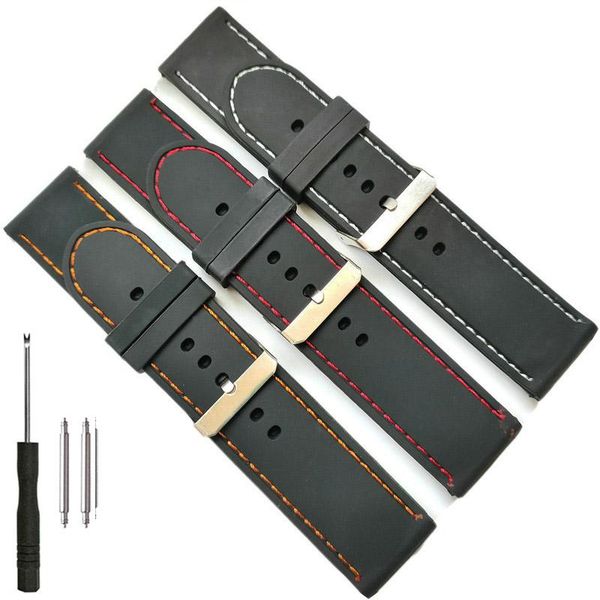 

watch bands 26mm silicone rubber band contrast stitched strap for fashion casual watches multi colors black white red orange, Black;brown