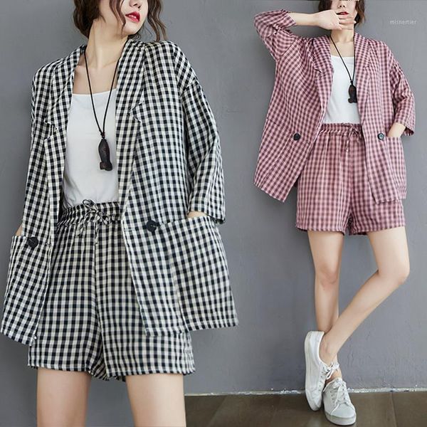 

summer women suits retro plaid jacket set casual blazers and jackets suit with shorts 2 piece plus size two dress, White