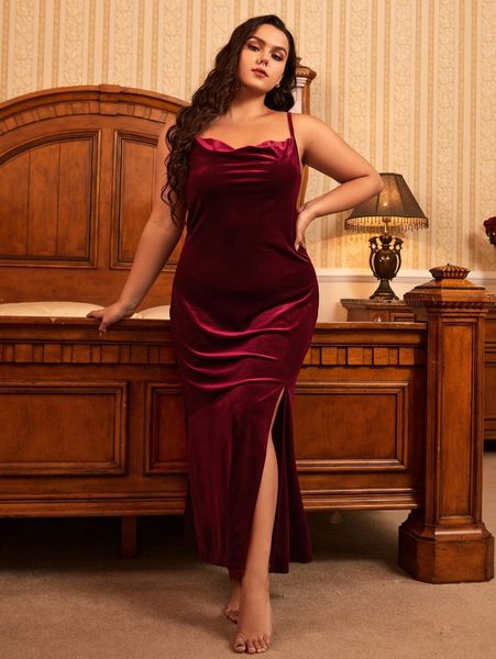 

plus solid velvet split side nightdress v8zg#, Black;white