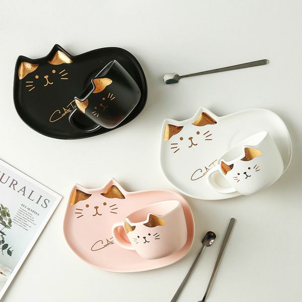 Copo de chá de cerâmico desenhos animados com colher de pires colher café da manhã caneca de café pão sobremesa prato de porcelana gato de pet