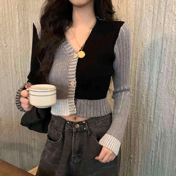

knits hit color short knit cardigans women crop autumn fashion casual long sleeve single breasted female oversized sweaters pull 0zu6, White