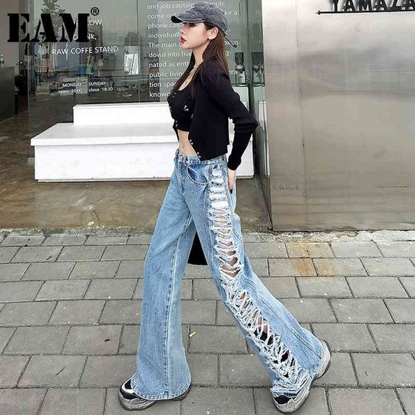 

[eam] high waist wide leg blue denim burrs hole casual jeans loose women trousers fashion spring autumn 1dd7496 210512
