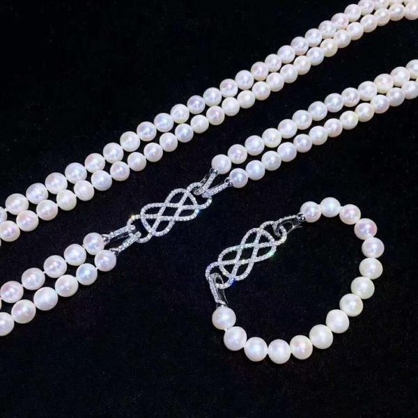 

earrings & necklace hand knotted natural 7-8mm white pearl zircon clasp accessory bracelet set fashion jewelry, Silver