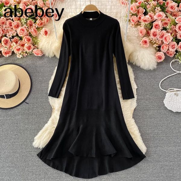 

casual dresses 2021 spring autumn vintage stand collar long sleeve knitted dress irregular design high waist mid-length fishtail, Black;gray