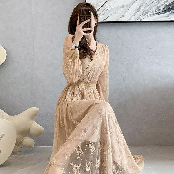 

casual dresses fashion lace midi for women v-neck long sleeve mesh floral elastic waist solid elegant vintage ladies office dress femme, Black;gray