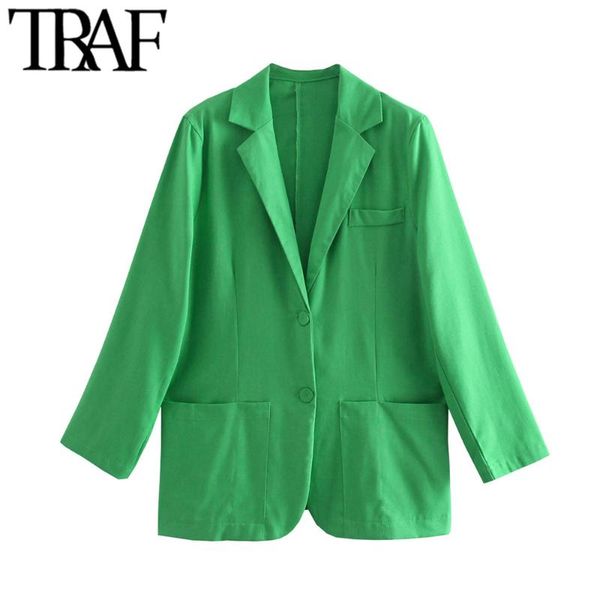 

women's suits & blazers traf women fashion loose fitting green linen blazer coat vintage long sleeve pockets female outerwear chic vest, White;black