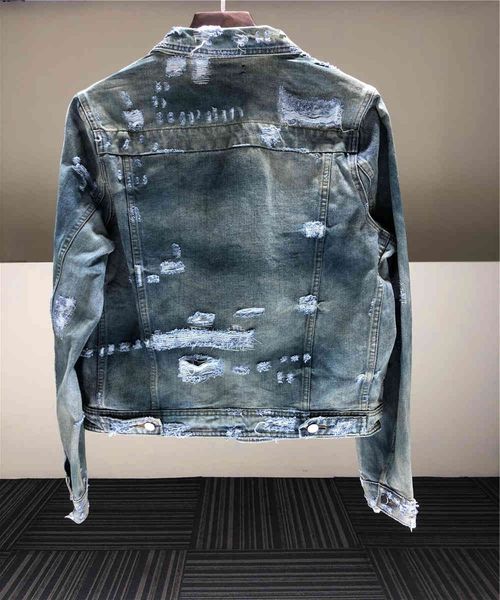 

am style fog high street heavy industry wash spray color make old blue hole denim double zipper jacket, Black;brown