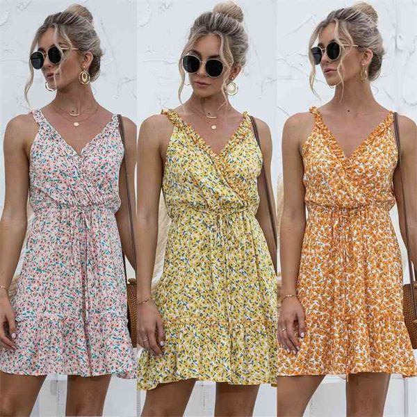 

fashion boho floral print sleeveless high waist lace-up a-line mini dress summer v-neck ruffle for women 210517, Black;gray