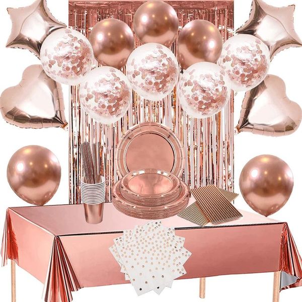 

disposable dinnerware rose gold party supplies tableware plates dessert napkins straws birthday baby shower balloons decorations