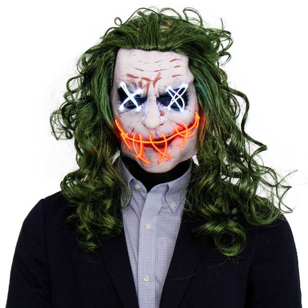 Horror Joker LED Light Maske Cosplay Clown El Draht Glow Green Hair Latex Masken Halloween Party Kostüm