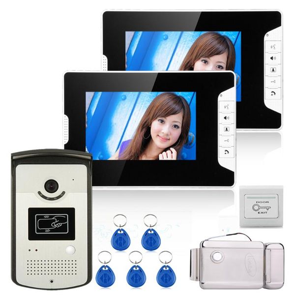

7" color video door phone intercom system with 2 monitor 1 rfid hd doorbell 1000tvl camera + electronic lock phones
