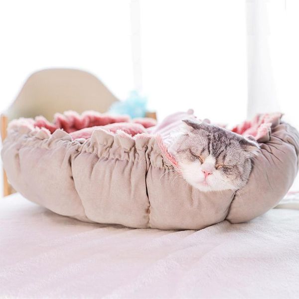 

cat beds & furniture round plush bed soft long plushcute dual-use pink fluffy nest adjustable size kitten pad sofa for small dogs