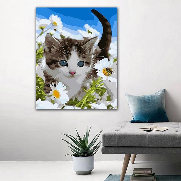 

paintings diy colorings pictures by numbers with colors cat in the sea of daisy flowers picture drawing painting framed home