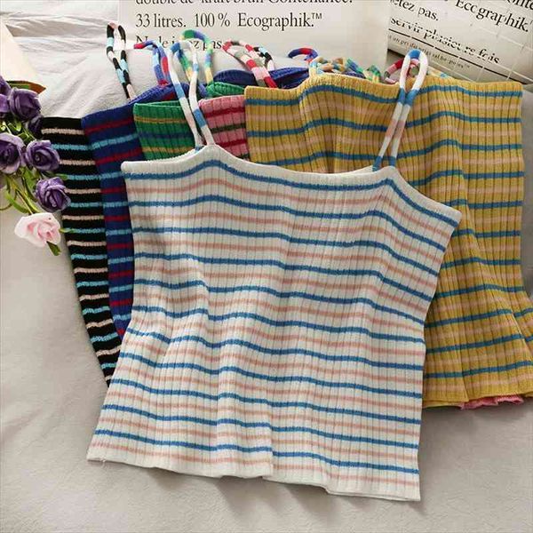 

stripes crop summer o-neck women cami knitted straps tube ribbed, White