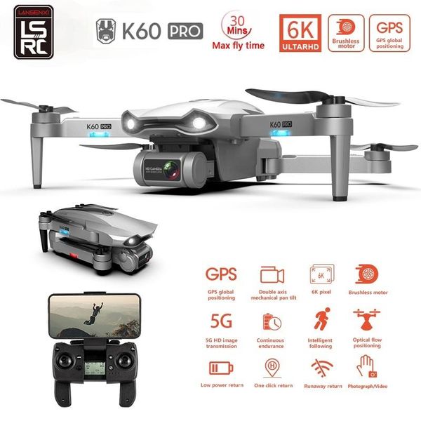 

drone k60pro gps 6k 5g camera system brushless motor dron 4k profesional stabilier distance 1.2km 30 min rc helicopter toy drones
