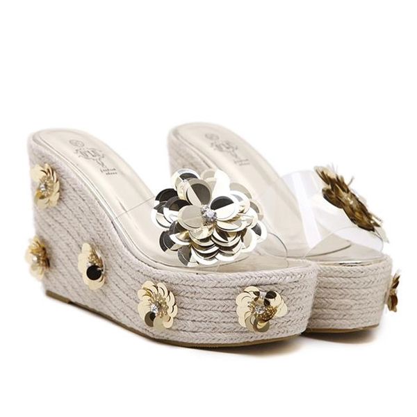 

romantic gold sier flower slides platform wee jelly sandals fashion luxury designer women shoes 11cm size 34 to 40, Black