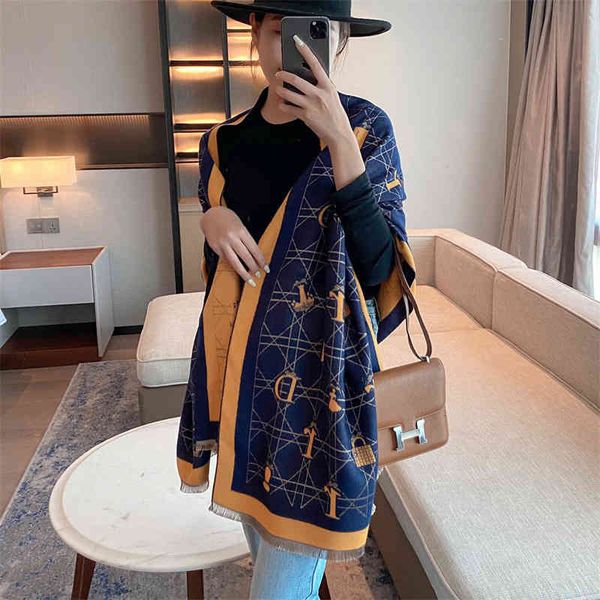 

shawl d letter scarf women's winter imitation cashmere warm double-sided two-color spring and autumn office, Blue;gray