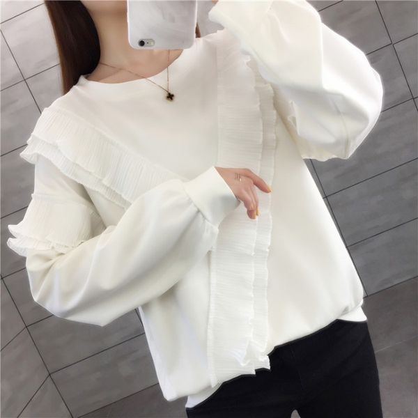 

fashion house533# long sleeved women's sweater autumn and winter 2021 new round neck ruffle versatile top, Blue;black