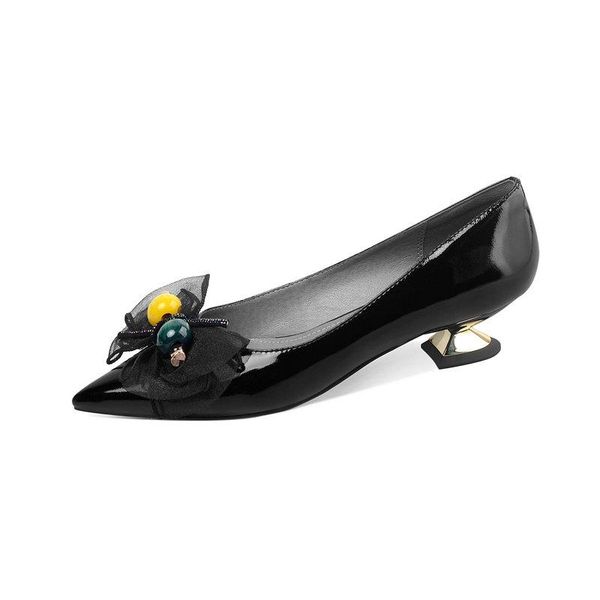 

dress shoes sweet women spring summer genuine cow patent leather pointed toe ruffles ladies pumps dancing woman, Black