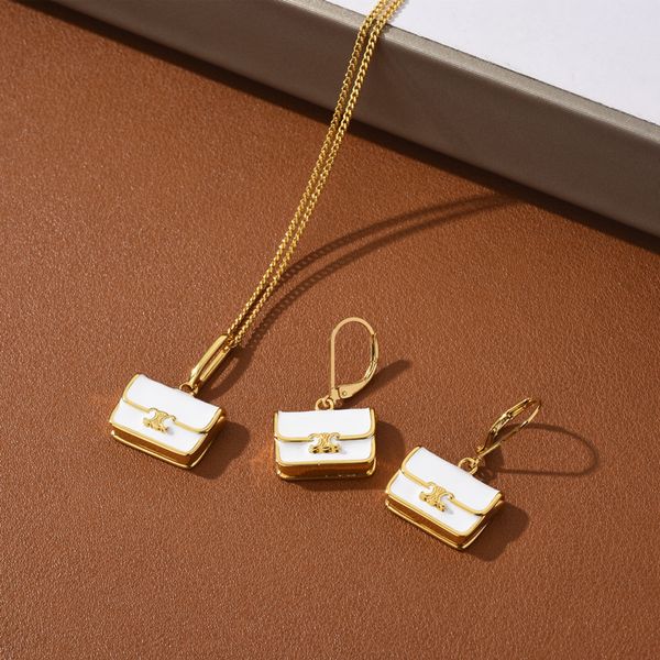 

classic designer jewelry sets 18k gold plated enamel bag pendant necklace earrings for fashion women party jewelry gift, Silver