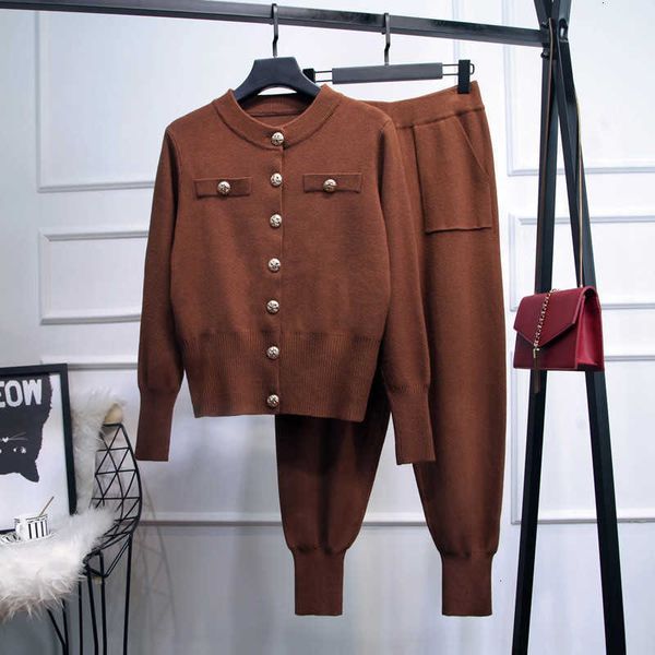 

women's two piece pants autumn winter women casual knit tracksuit single breasted cardigan sweater + pocket pant suits office 9na1, White