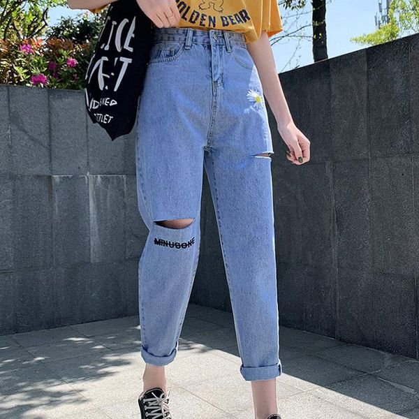 

women's jeans embroidered daisy ripped women loose cropped trousers 2021 summer thin high waist straight leg pants bf tide, Blue