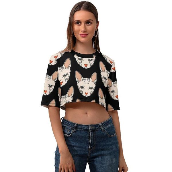 

women's t-shirt sphynx cat crop tshirt short sleeve lady t shirt casual funny o neck printed polyester, White