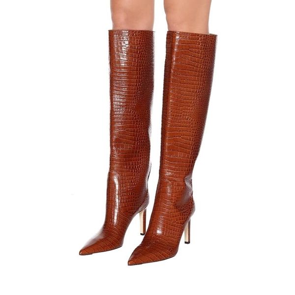 

boots women runway crocodile knee high shoes boot thin heel bota size 34-43, Black