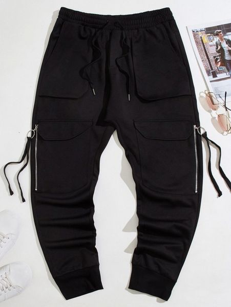 

men strap detail utility pocket drawstring waist sweatpants y7an#, Black