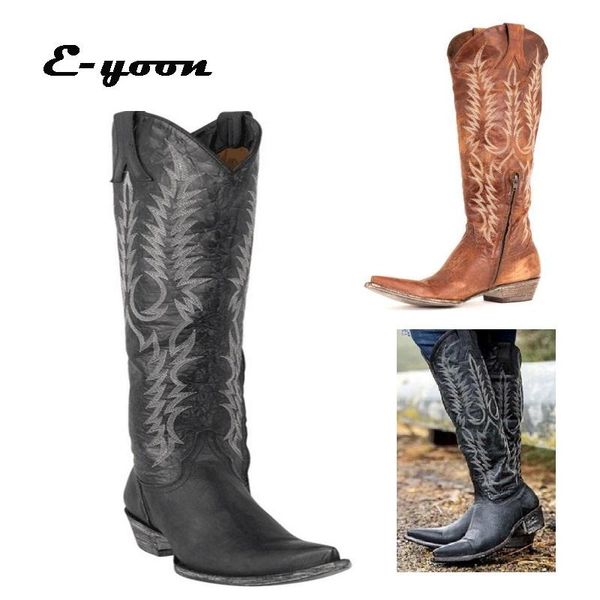 

boots western cowboy for women pointed toe women's shoes brand embossing pu leather mid-calf chunky wedges boot, Black