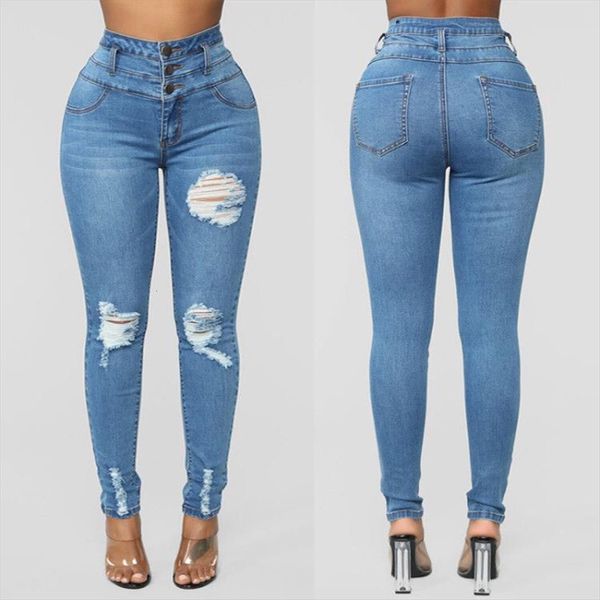 

denim skinny trousers womens jeans high waist destroyed knee holes pencil pants stretch ripped boyfriend female j30, Blue