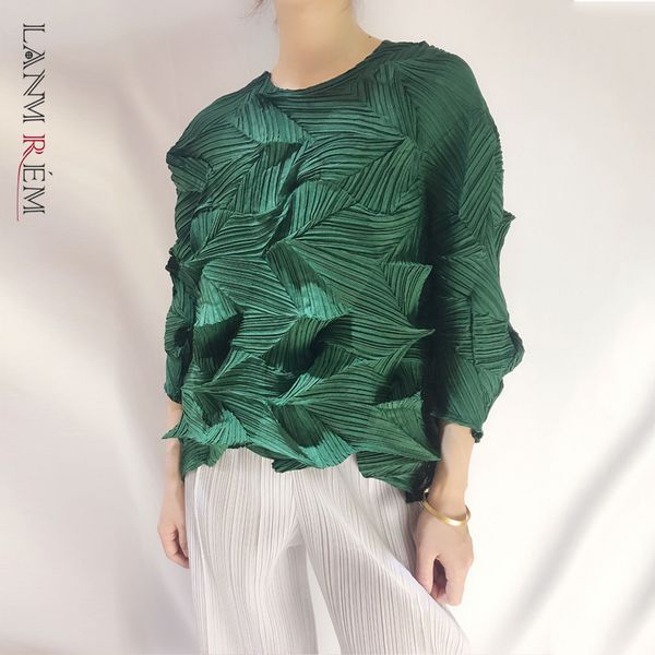 

women pleated t-shirt round neck three-quarter sleeve fold all match shirts spring autumn 2f0036 210507, White