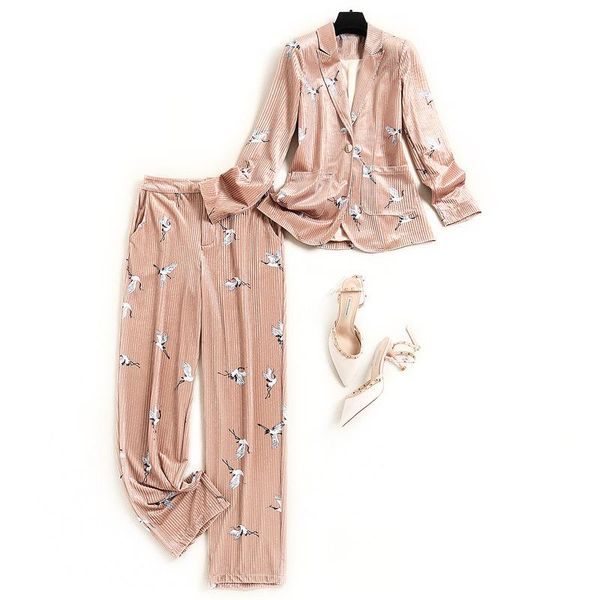 

autumn winter women corduroy blazer suit one button print elegant blazers and long pants two piece set khaki women's, White