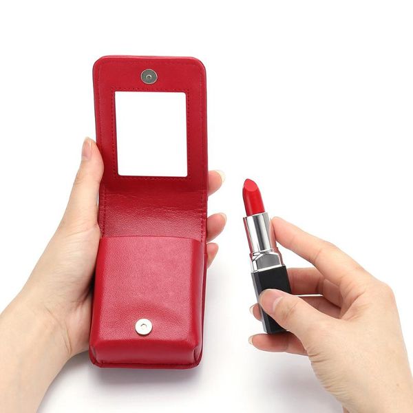 Borsa Lipsticj per rivetti in pelle di mucca di marca con specchio Custodie per borse cosmetiche per trucco portatile genuino con motivo a diamante di alta qualità da donna