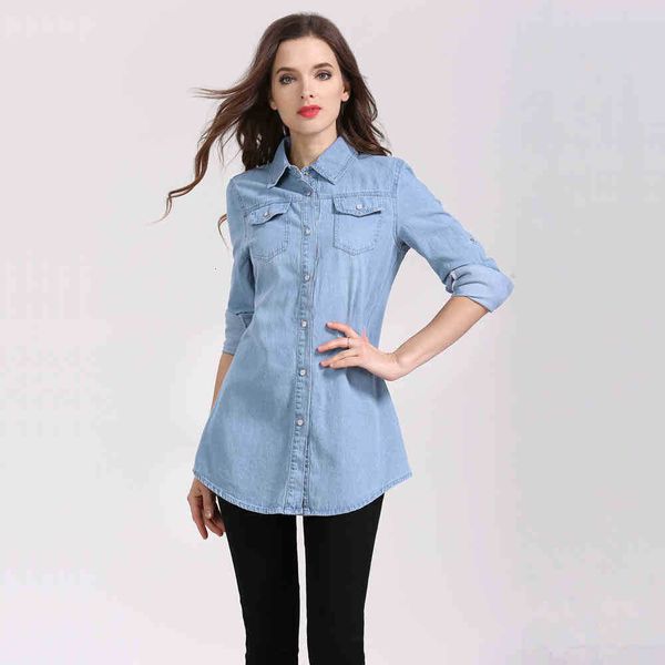 

women's knits & tees plus size fashion autumn long shirts for women casual denim shirt sleeve slim blusa jeans drawstring oz3l, White