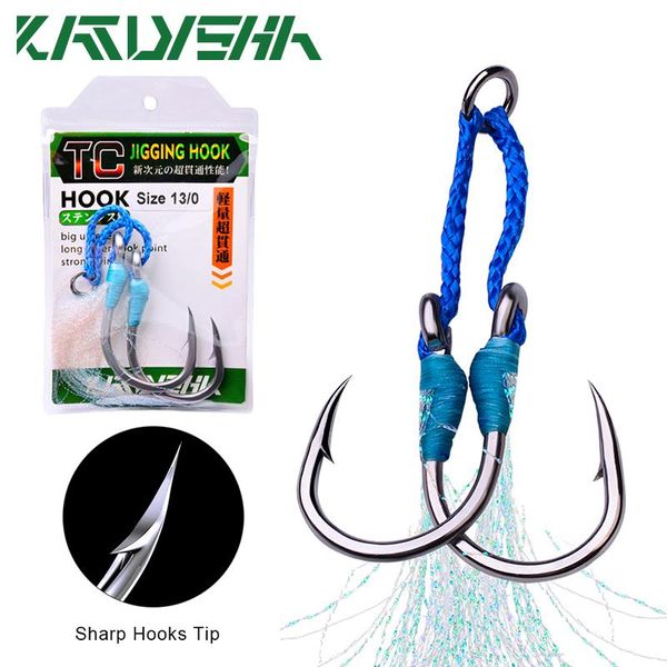 

1pack jig fishing hooks 1/0-3/0-5/0-7/0-9/0-11/0-13/0# stainless stell double twin slow feather fishhooks