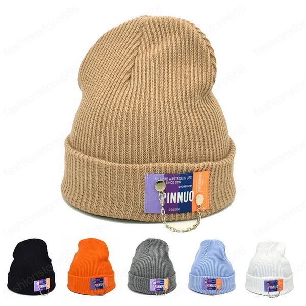 

hip hop metal chain decoration hats for men women fashion knitted skullies beanies winter warm outdoor crochet bonnet, Blue;gray