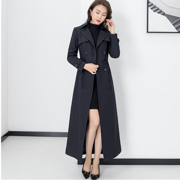 

women's trench coats plus size x-long coat female 2021 fashion spring autumn elegant slim outwear casual double breasted women windbrea, Tan;black