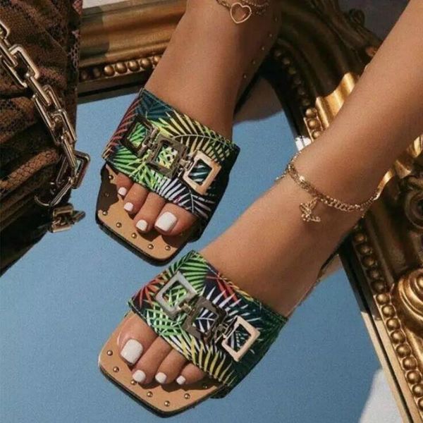

fashion leopard print women summer shoes outside flat with pu leather female slippers square toe beach slide for woman wholesale, Black