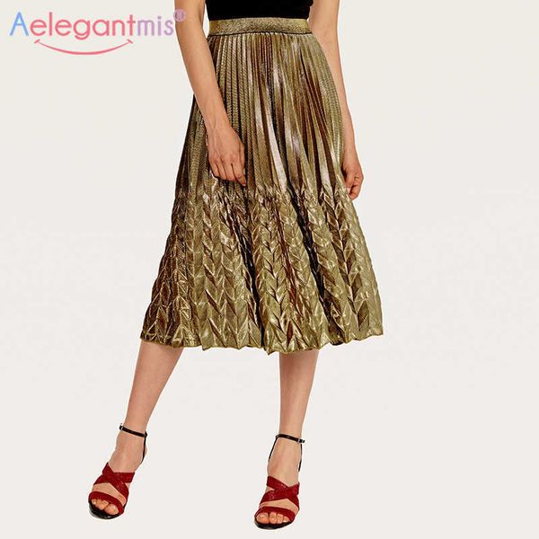 

aelegantmis spring autumn high waist long pleated skirt women fashion metallic maxi s female elascity casual party 210607, Black